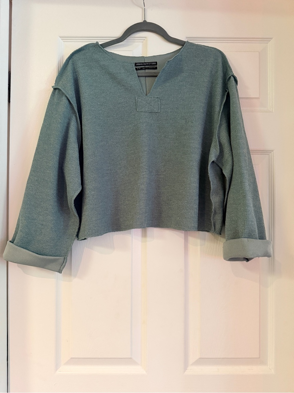 Urban Outfitters Dusty Sage Cropped V-Notch Knit Sweatshirt